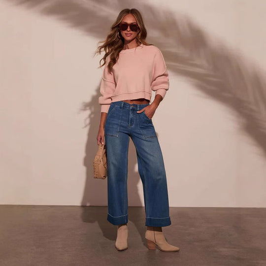 Damen weit geschnittene Denim-Hose mit hohem Bund R&B