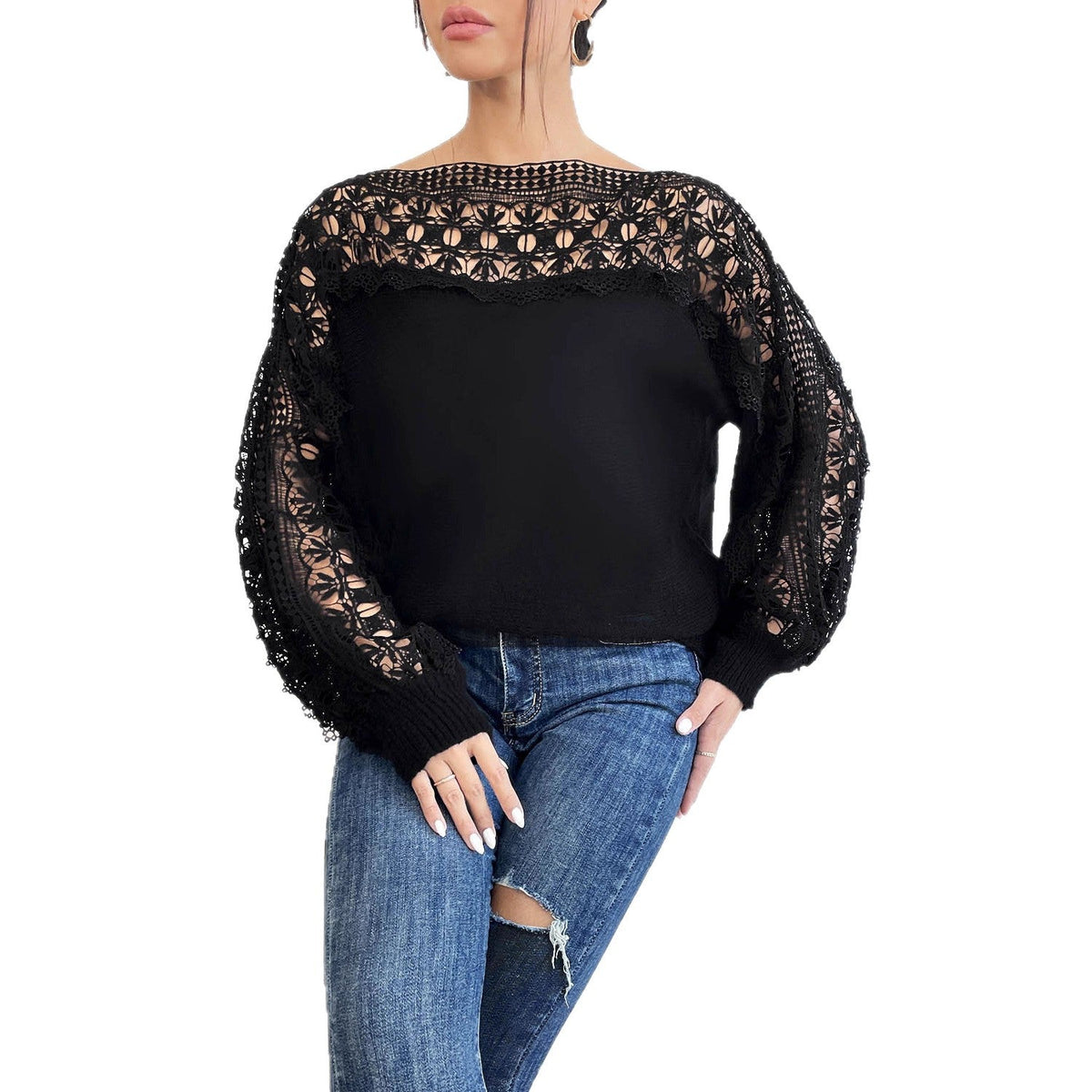 Damen Elegantes Strickoberteil mit raffinierten Spitzenärmeln R&B