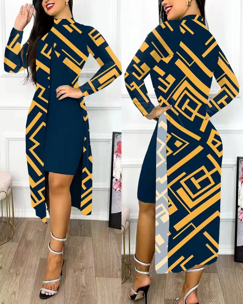 Damen elegantes Maxikleid mit asymmetrischem Schnitt und Grafischem Muster R&B
