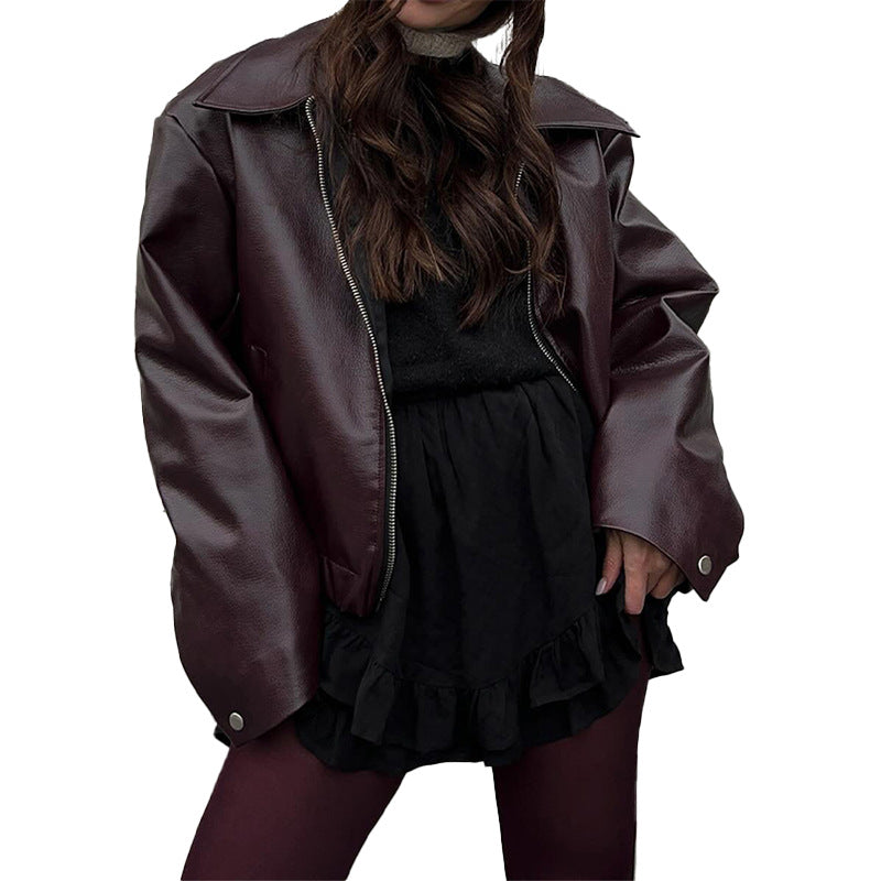 Damen modische Kunstlederjacke mit weitem Schnitt R&B