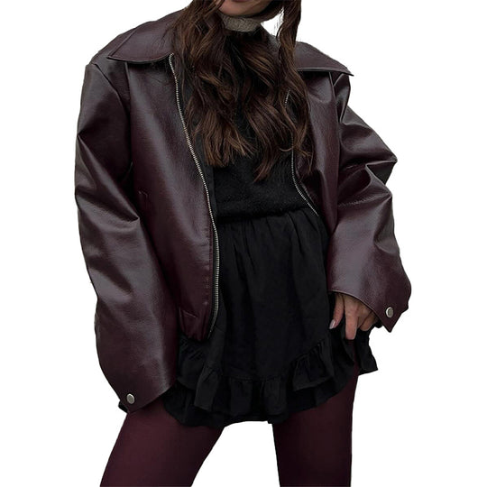 Damen modische Kunstlederjacke mit weitem Schnitt R&B