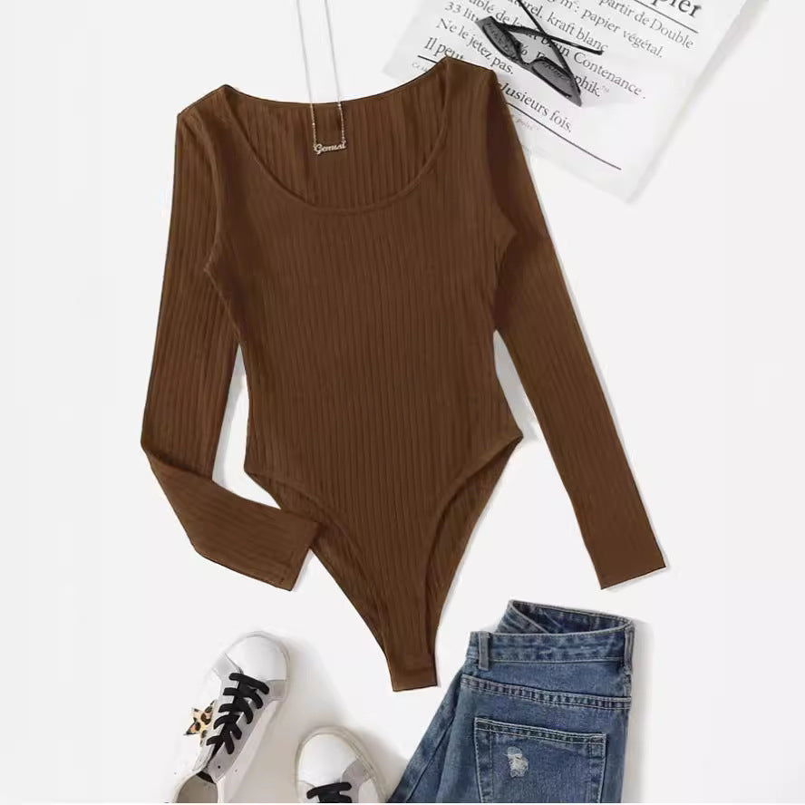 Damen Langarm Bodysuit mit Rippstruktur und tiefem U-Bootausschnitt R&B