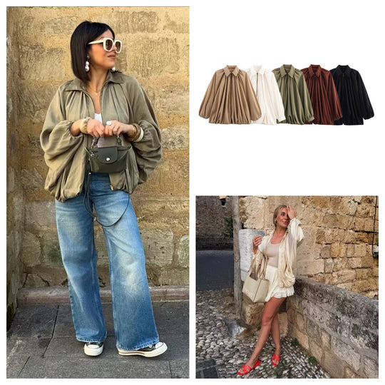 Damen leichtes Oversized-Blusenshirt mit Rüschendesign R&B