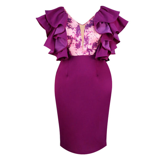 Damen Elegantes Kleid mit voluminösen Rüschen und figurbetonter Silhouette R&B