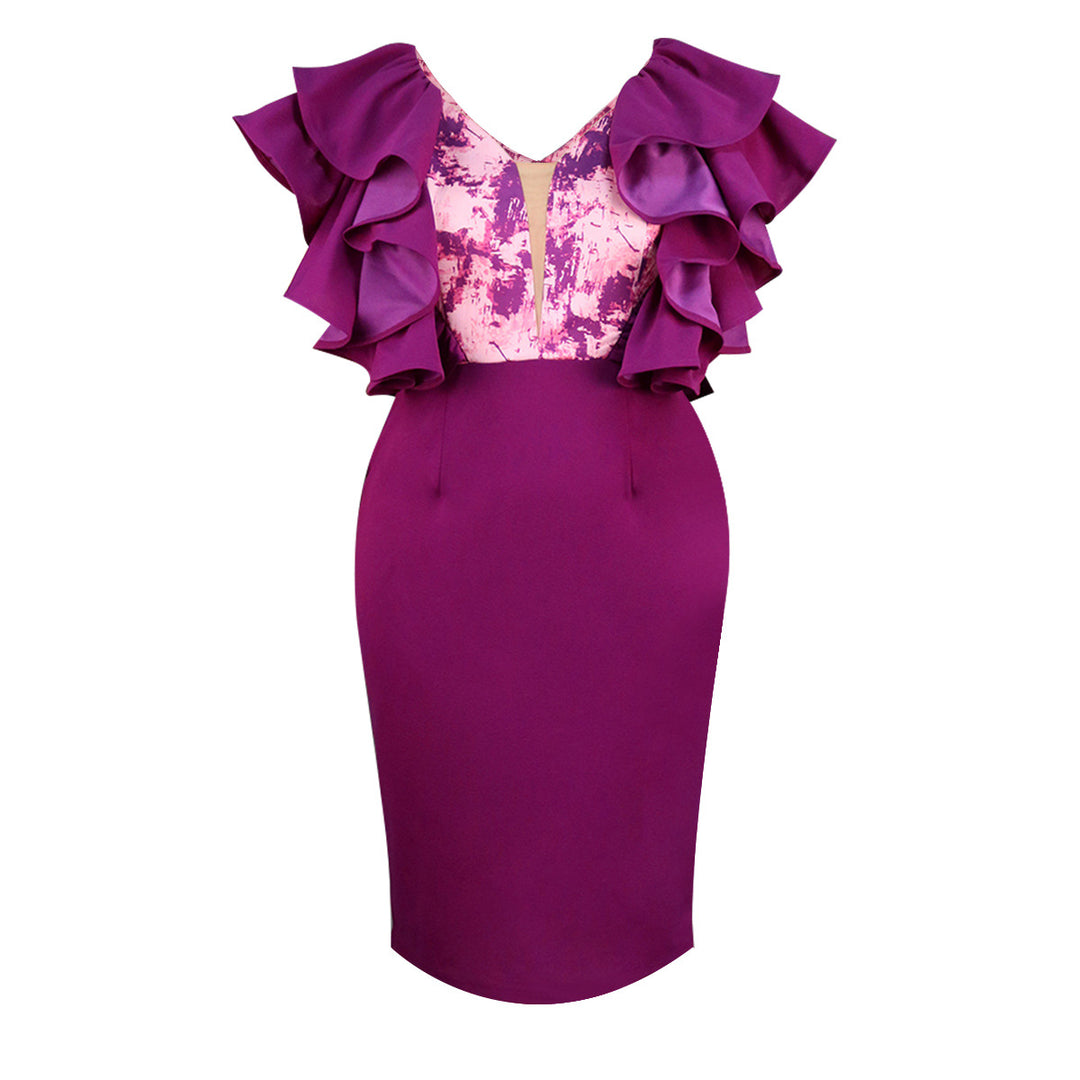 Damen figurbetontes Kleid mit voluminösen Rüschen und floralem Detail R&B