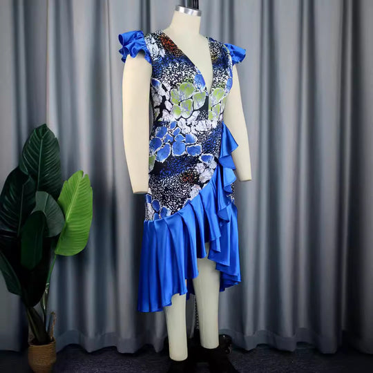 Damen Elegantes Rüschenkleid mit tiefem V-Ausschnitt und gefüllten Ärmeln R&B