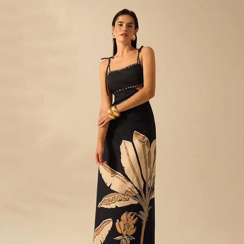 Damen Maxikleid mit floralem Muster und funkelnden Akzenten