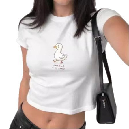 Damen figurbetontes Kurzarm-T-Shirt mit verspieltem Aufdruck R&B