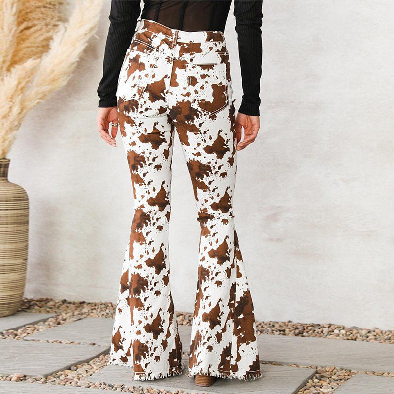 Damen Flared Jeans mit auffälligem Kuhflecken-Muster R&B