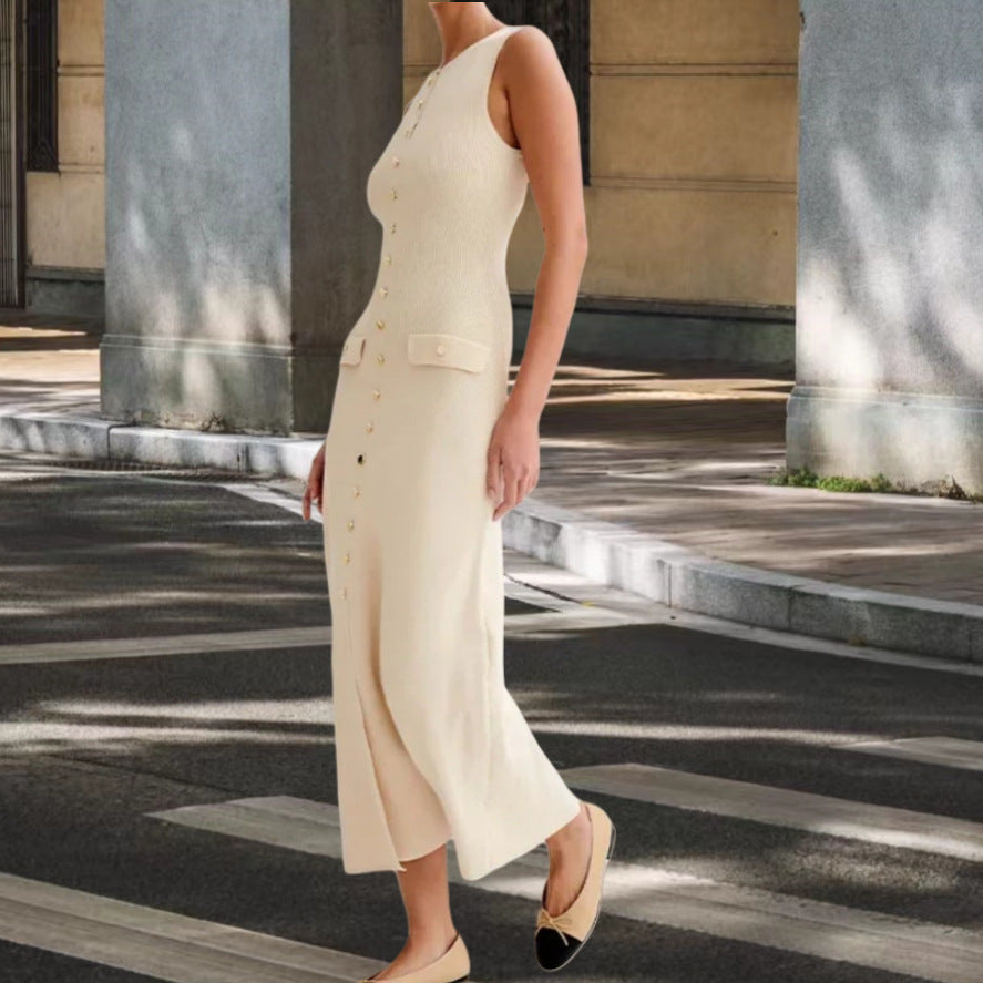 Damen Strickmaxikleid mit Knopfleiste und seitlichen Schlitzen R&B