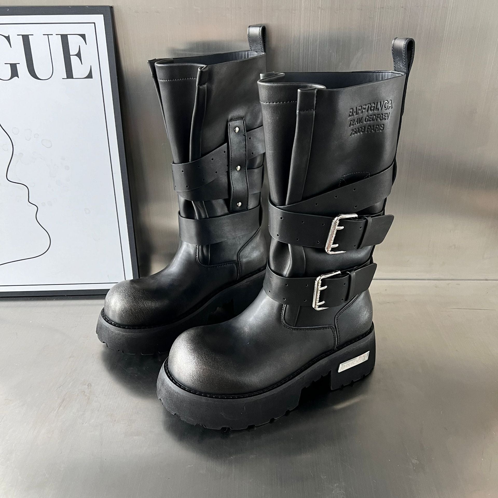 Damen Modische Biker-Stiefel mit robustem Profil und verstellbaren Schnallen R&B