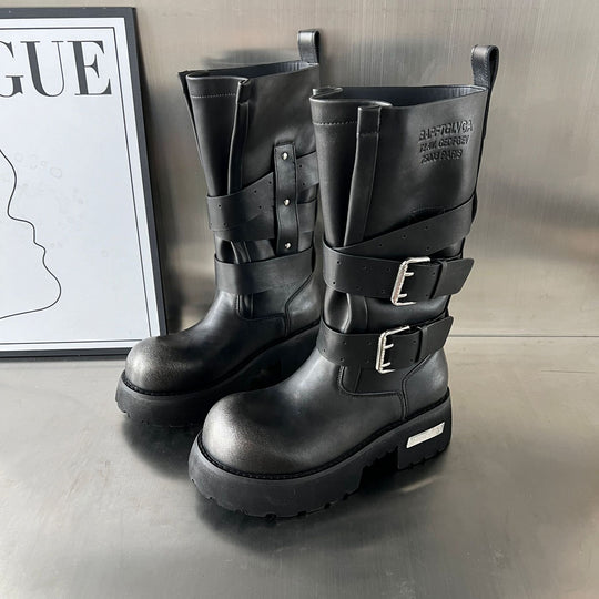 Damen Modische Biker-Stiefel mit robustem Profil und verstellbaren Schnallen R&B