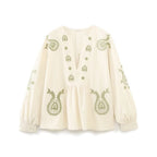 Damen nan bestickte Tunika-Bluse mit Paisley-Stickereien, V-Ausschnitt und voluminösen Ballonärmeln R&B