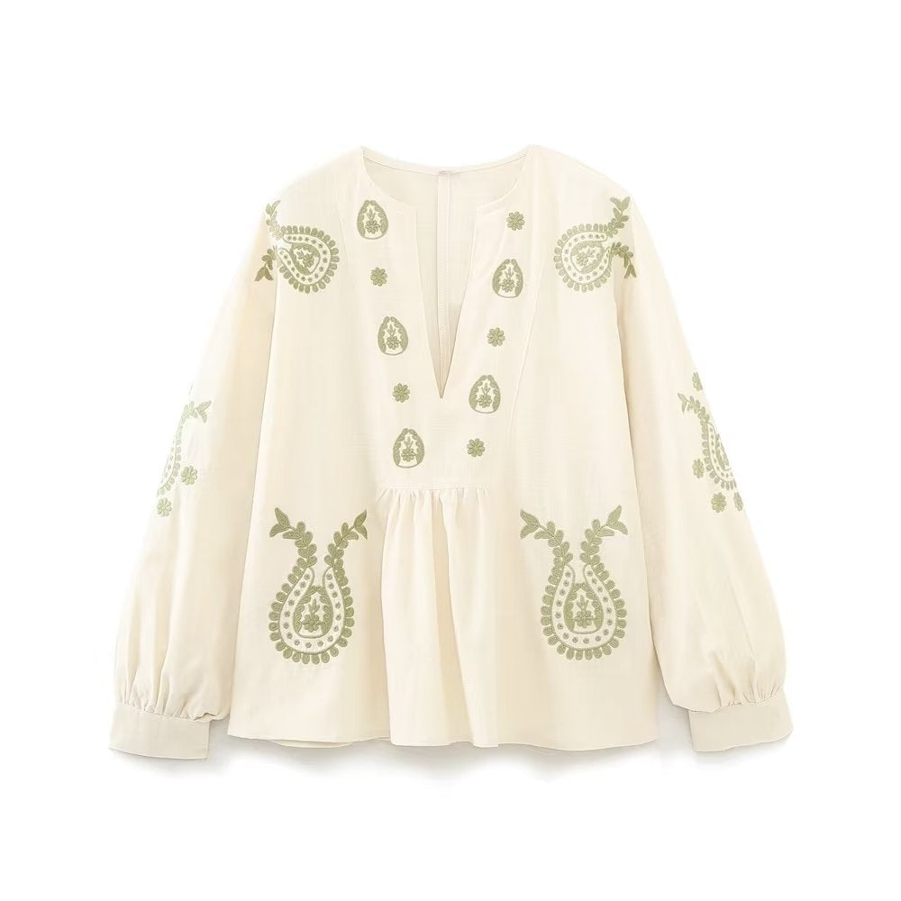 Damen nan bestickte Tunika-Bluse mit Paisley-Stickereien, V-Ausschnitt und voluminösen Ballonärmeln R&B