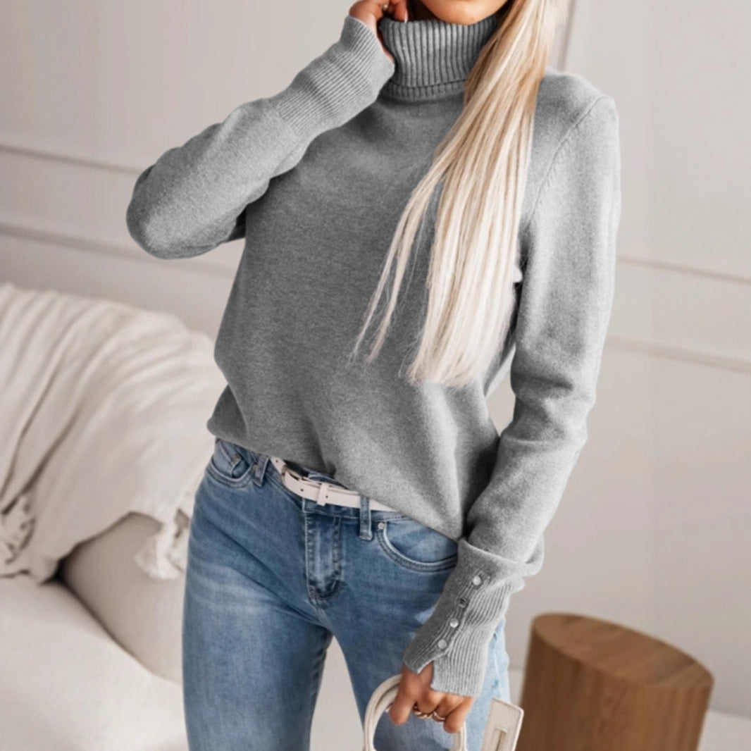 Damen eleganter Rollkragenpullover mit Knopfdetails R&B