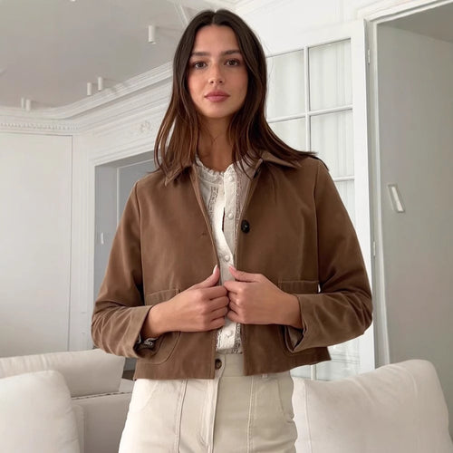 Damen modische Kurzjacke mit hochgeschlossenem Kragen und praktischen Taschen R&B