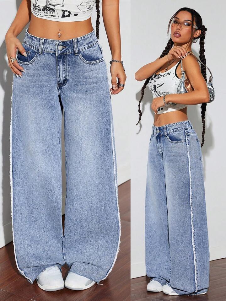 Damen Weite Denim-Jeans mit auffälligem fransigem Saum und hoher Taille R&B