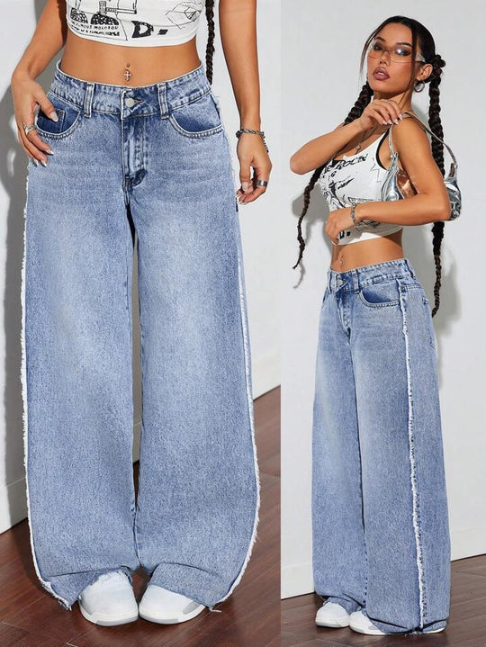 Damen Weite Denim-Jeans mit auffälligem fransigem Saum und hoher Taille R&B