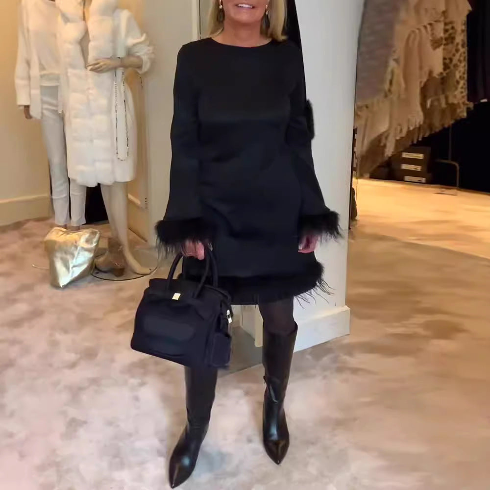 Damen nan kurzes Cocktail-Etuikleid mit Federbesatz an Saum und Manschetten R&B