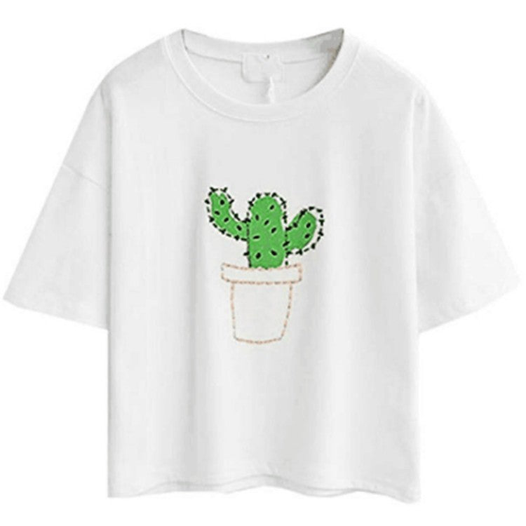 Damen lässiges T-Shirt mit süßem Katzen- und Pflanzenmotiv R&B