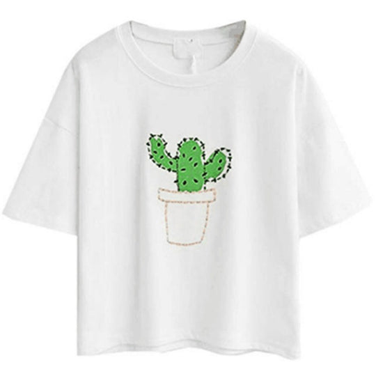 Damen lässiges T-Shirt mit süßem Katzen- und Pflanzenmotiv R&B