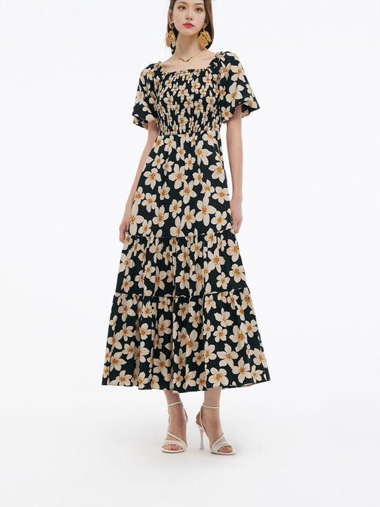 Damen Maxikleid mit voluminösem Rock und Blumenmuster R&B