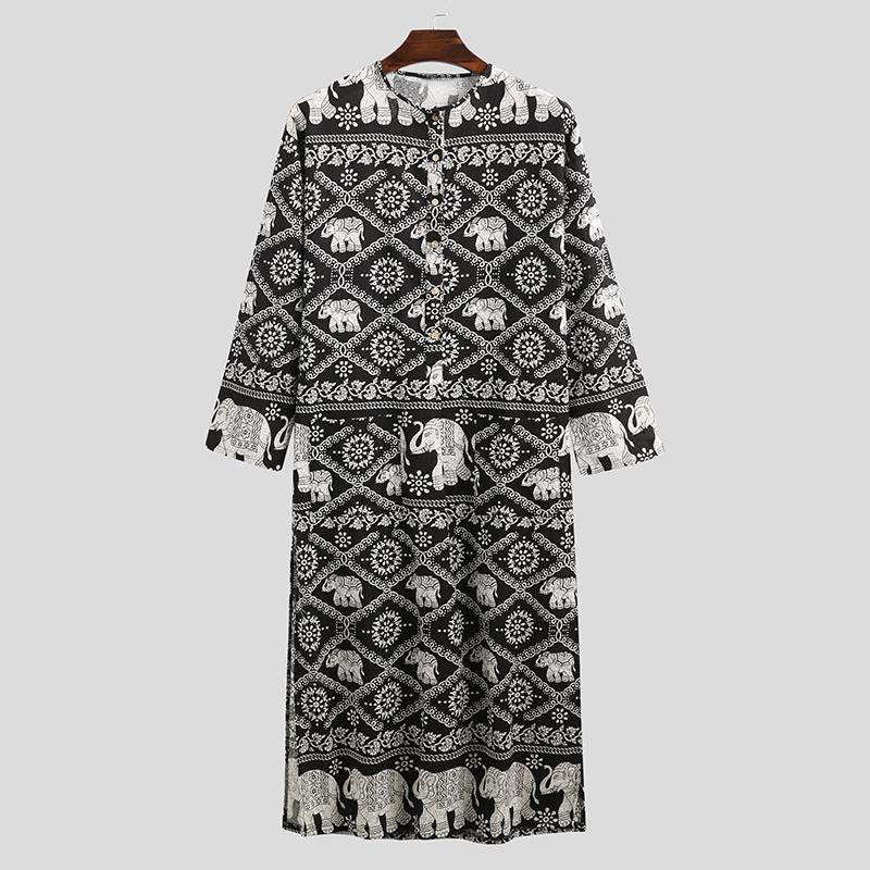 Damen nan Ethno-Maxikleid mit Stehkragen, kurzer Knopfleiste, überschnittenen Ärmeln und A-Linien-Schnitt R&B