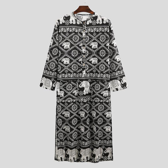 Damen nan Ethno-Maxikleid mit Stehkragen, kurzer Knopfleiste, überschnittenen Ärmeln und A-Linien-Schnitt R&B