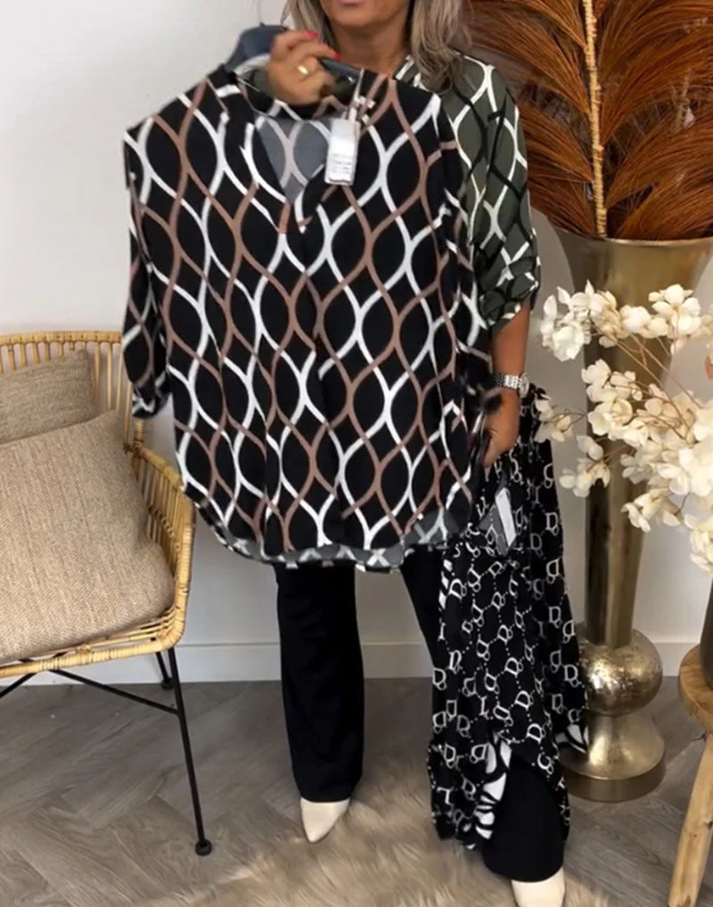 Damen Bluse mit modischem graphischem Muster und praktischen Seitentaschen Heidi-Mode