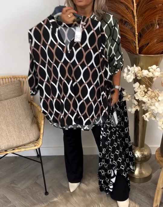 Damen Bluse mit modischem graphischem Muster und praktischen Seitentaschen Heidi-Mode