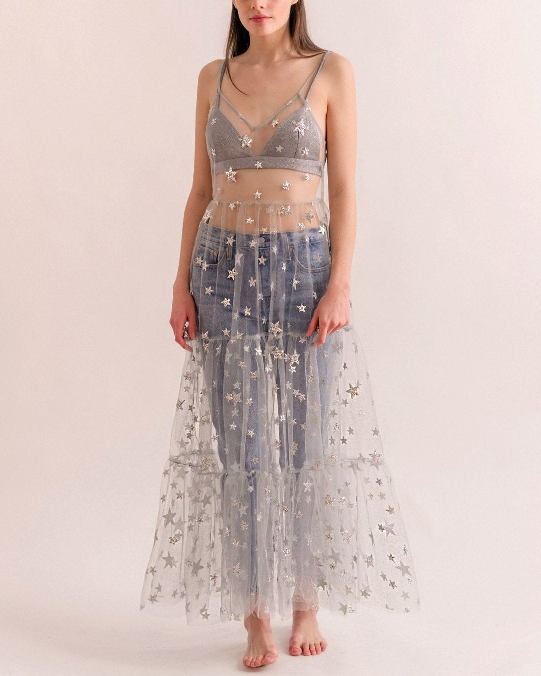Damen Transparente Maxikleid aus Chiffon mit Sternen-Design und mehrlagigem Saum R&B