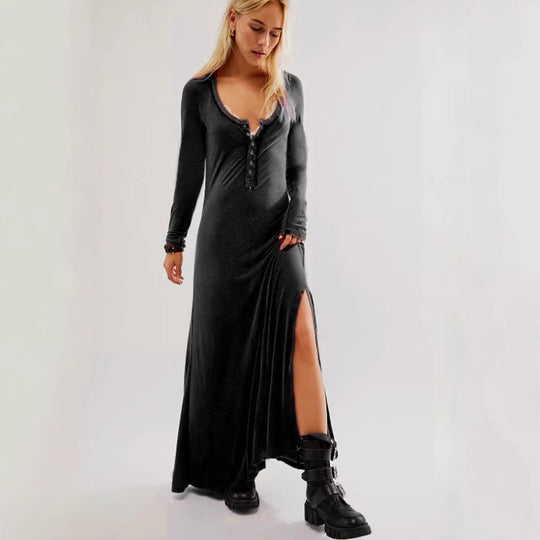 Damen Maxikleid mit knopflosem Ausschnitt und seitlichem Schlitz R&B
