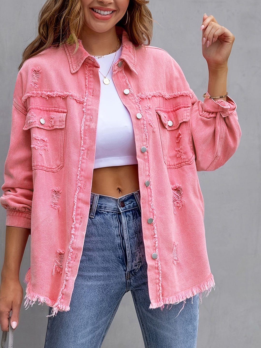 Damen Stylische Overshirt-Jacke mit fransigem Saum R&B