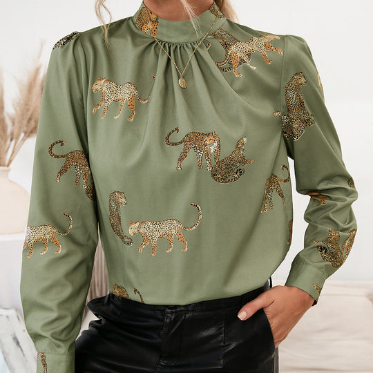 Damen Bluse mit glamourösem Tierdruck und eleganter Stehkragenform R&B