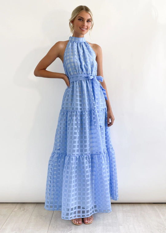 Damen Maxikleid mit raffiniertem Hochkragen und gestuftem Design R&B