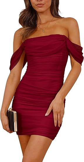 Damen figurbetontes Wickelkleid mit schulterfreiem Design R&B