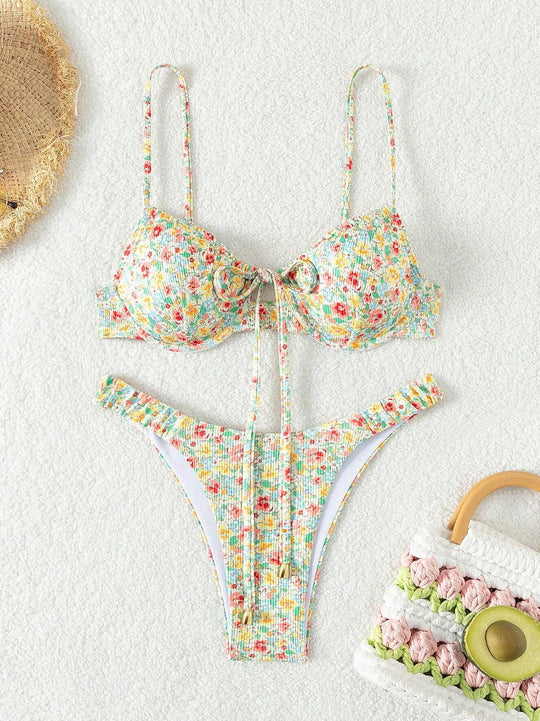 Damen Floral Bikini mit hochwertigen Rüschen und verstellbaren Trägern R&B