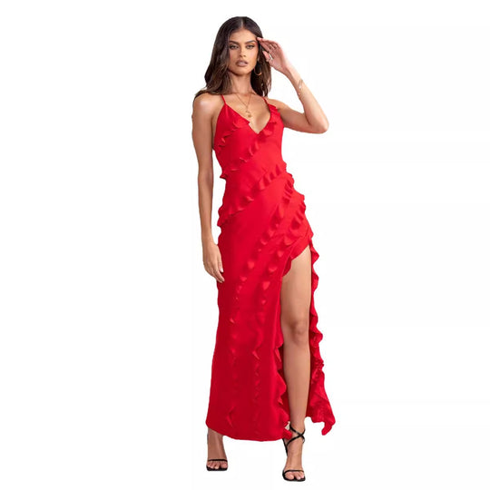 Damen Maxikleid mit voluminösen Rüschendetails und elegantem Beinschlitz R&B