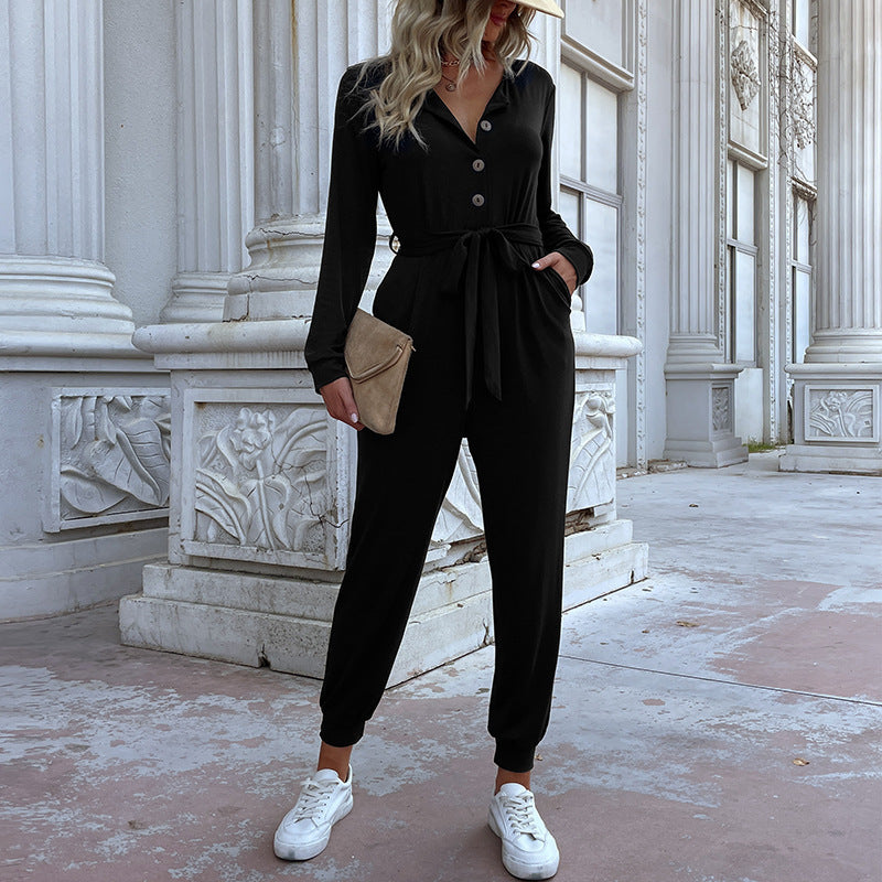 Damen lässiger Jumpsuit mit Knopfleiste und Taillengürtel R&B