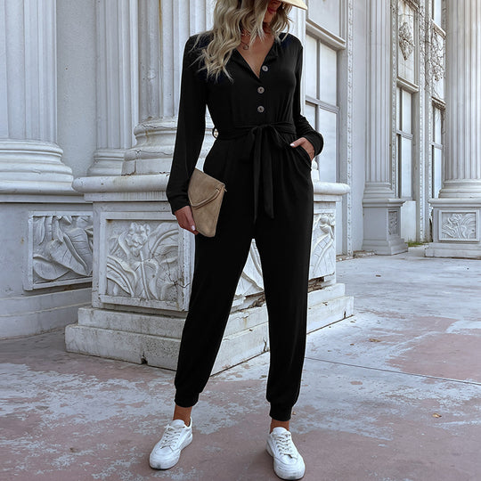 Damen lässiger Jumpsuit mit Knopfleiste und Taillengürtel R&B
