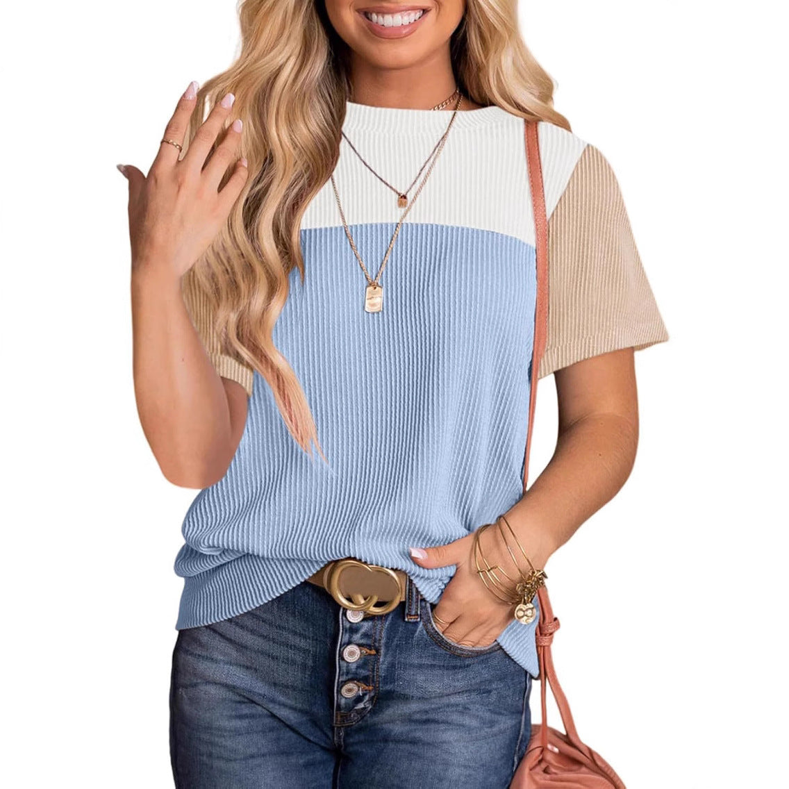Damen modisches Rippoberteil mit kontrastierenden Farbblockdetails R&B