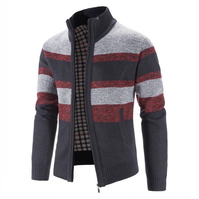 Herren modischer Strickpullover mit durchgehendem Reißverschluss und gestreiftem Design R&B