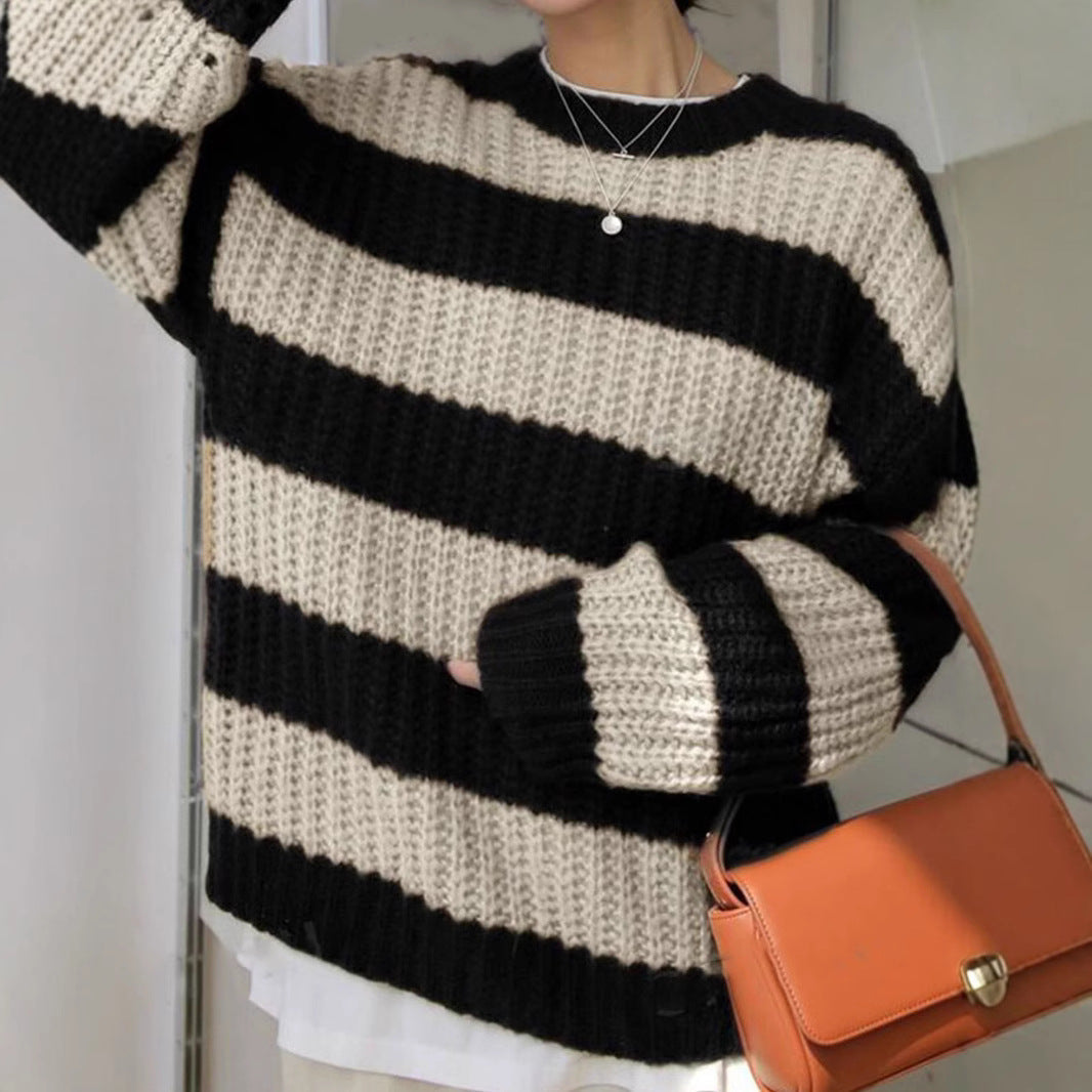 Damen modischer Strickpullover mit breiten Streifen und lockerer Passform R&B