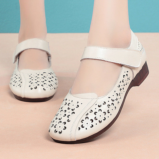 Damen Komfortable Mary Jane Ballerinas mit dekorativen Blumenperforationen und verstellbarem Riemen R&B