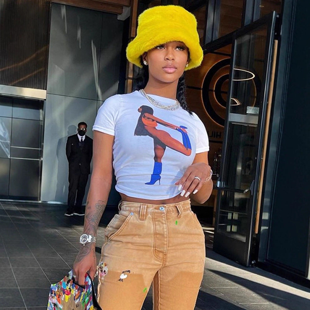 Damen Crop T-Shirt mit auffälligem Grafikdruck R&B