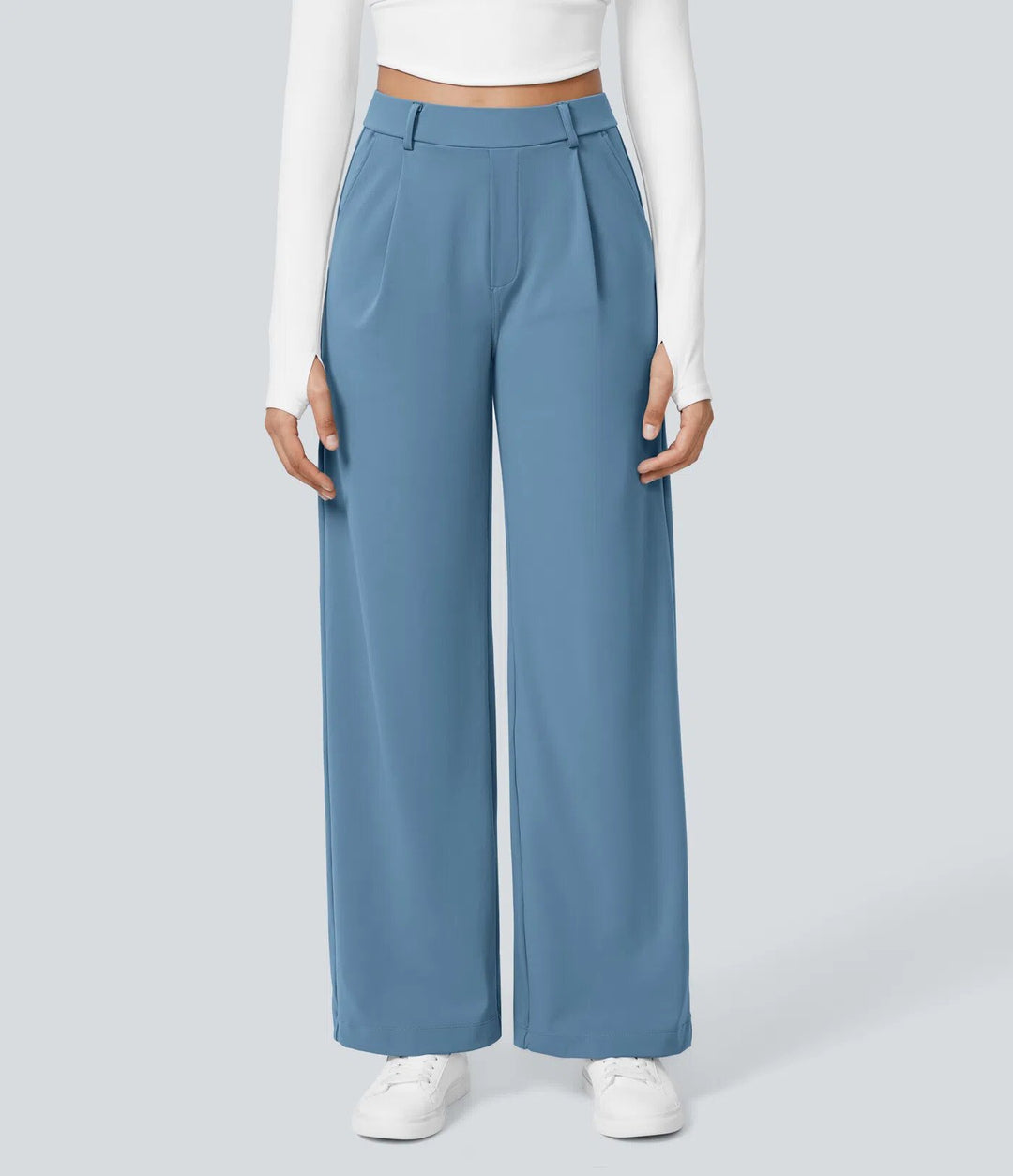 Damen nan hochgeschnittene Bundfaltenhose mit weitem Bein, Gürtelschlaufen und seitlichen Eingrifftaschen R&B