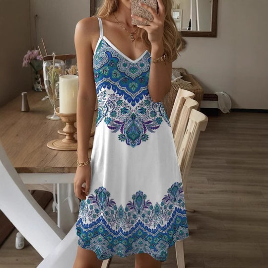 Damen Spaghetti-Träger Kleid mit stilvollem Paisleymuster und A-Linien Schnitt R&B