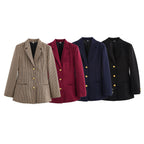 Damen elegante karierte Blazerjacke mit Goldknöpfen R&B