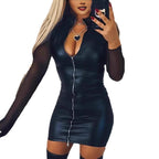 Damen enger Mini-Jumpsuit aus Kunstleder mit transparenten Ärmeln und aufwendigem Reißverschluss R&B