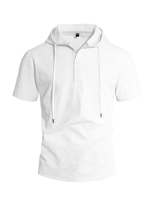 Herren nan kurzärmeliges Kapuzen-Henley aus Slub-Baumwolle mit verdeckter Knopfleiste und Kordelzug R&B